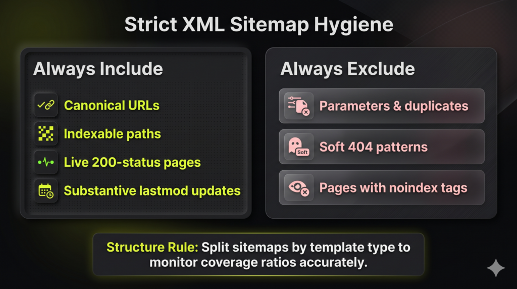 A dashboard comparison chart defining exact rules for clean XML sitemaps by contrasting included priority assets against excluded technical waste.