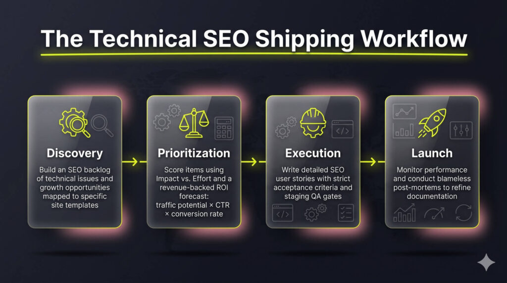 Horizontal flow chart mapping the four sequential stages of an engineering-driven B2B product backlog shipping pipeline.