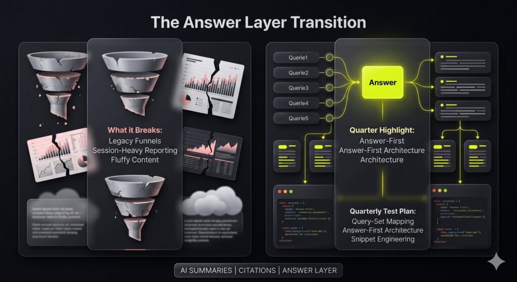 Infographic displaying a side-by-side strategic comparison between legacy search problems and modern answer layer test solutions in a clean neumorphic card layout.