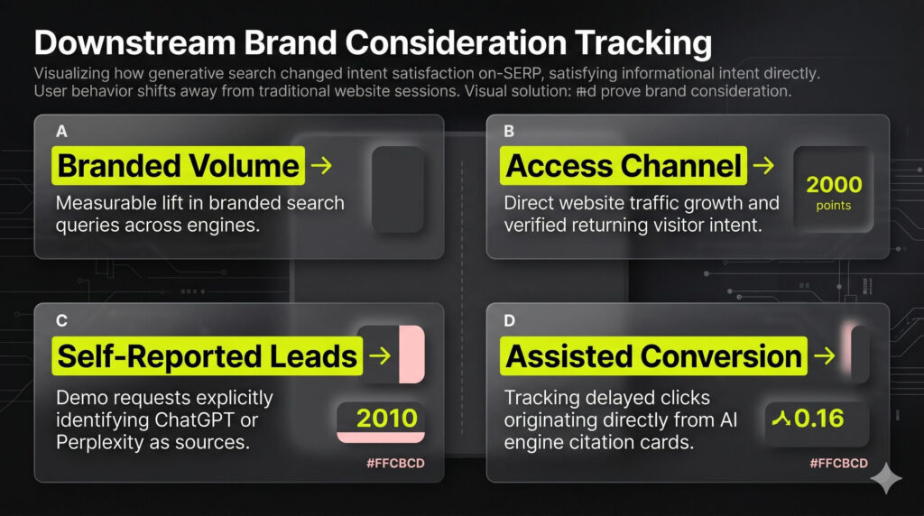 A 2x2 grid infographic detailing the four essential downstream conversion metrics used to track B2B brand consideration in zero-click environments.