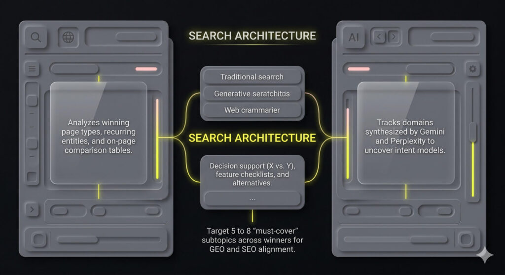 A dual-column minimalist chart illustrating search architecture comparison by mapping traditional Google web layout features on one side and AI engine synthesis rules on the other.