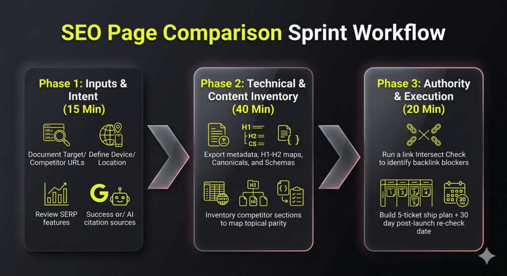 A horizontal three-phase process chart breaking down the 75-minute operational sprint workflow across input collection, technical inventory tracking, and ship plan building.