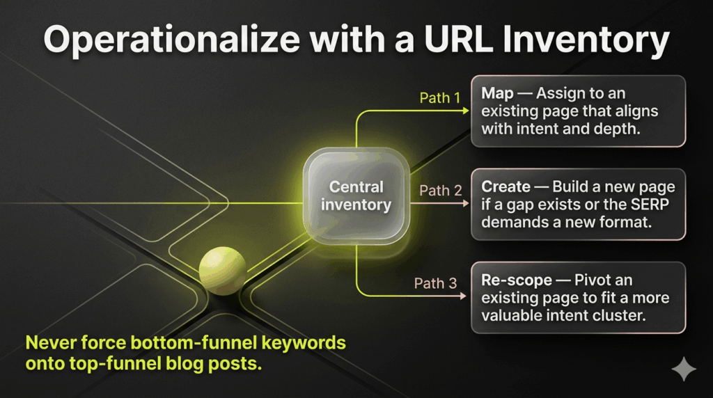 A central node branching out into three clear action paths for managing an existing URL inventory: Map, Create, and Re-scope.