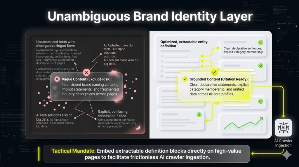 Side-by-side comparison chart illustrating the structural difference between ambiguous content and an extractable, entity-grounded definition block.