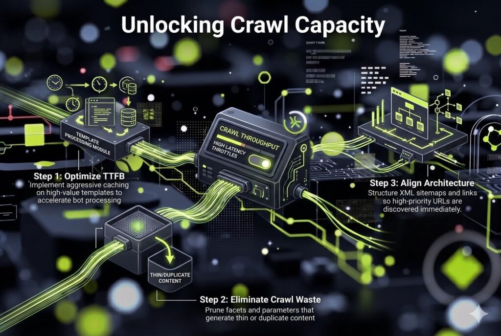 A central node branching infographic showing the three server-side optimizations required to increase crawl throughput and indexation velocity.