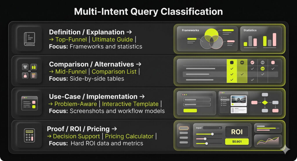 Four-row matrix infographic organizing search queries by class, page type, primary pattern, and core concept to eliminate intent cannibalization.