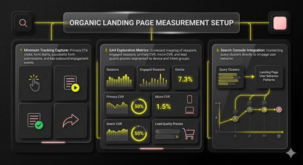 A modular dashboard data layout outlining the essential metrics, GA4 exploration points, and Search Console integrations for an organic revenue scorecard.