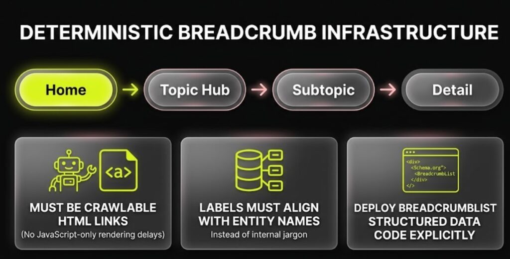 A linear timeline-style flow graphic charting the precise upward hierarchical route for crawlable HTML breadcrumb navigation.