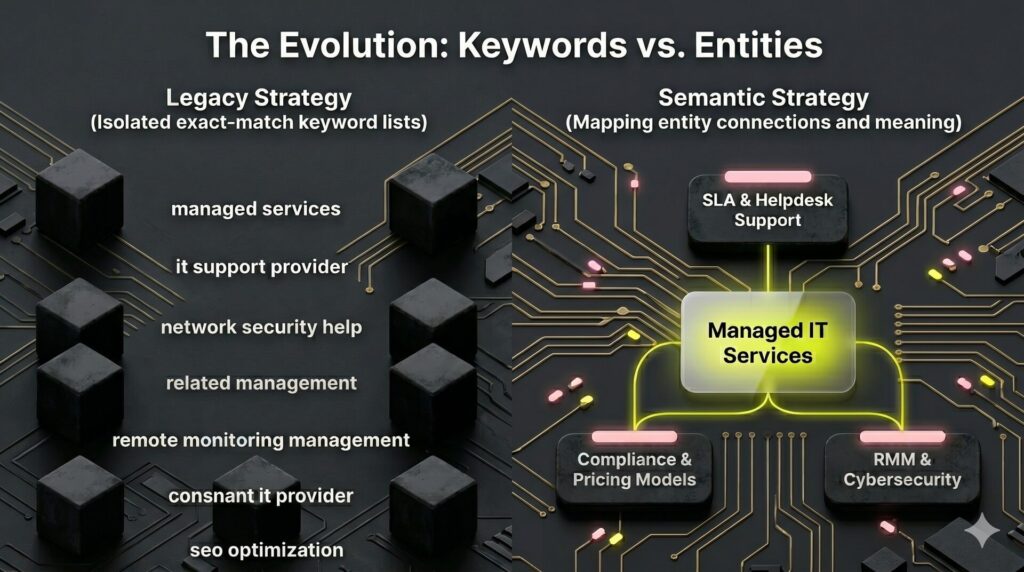 Comparative infographic showing disconnected legacy keyword lists on the left contrasting with an organized entity relationship web on the right centered on Managed IT Services.