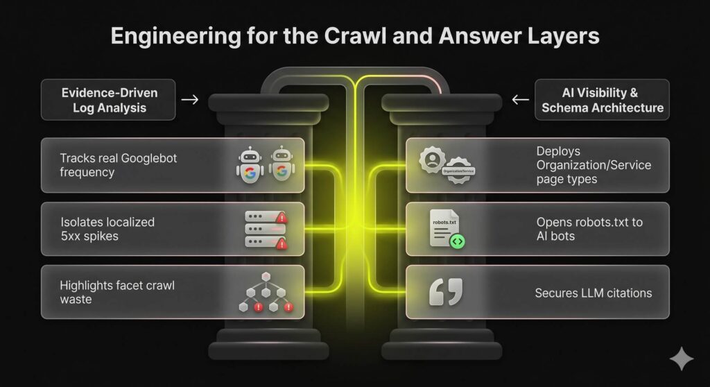Dual-pillar technical schematic comparing the insights of server log file analysis with the entity clarity mapping required for generative AI visibility.