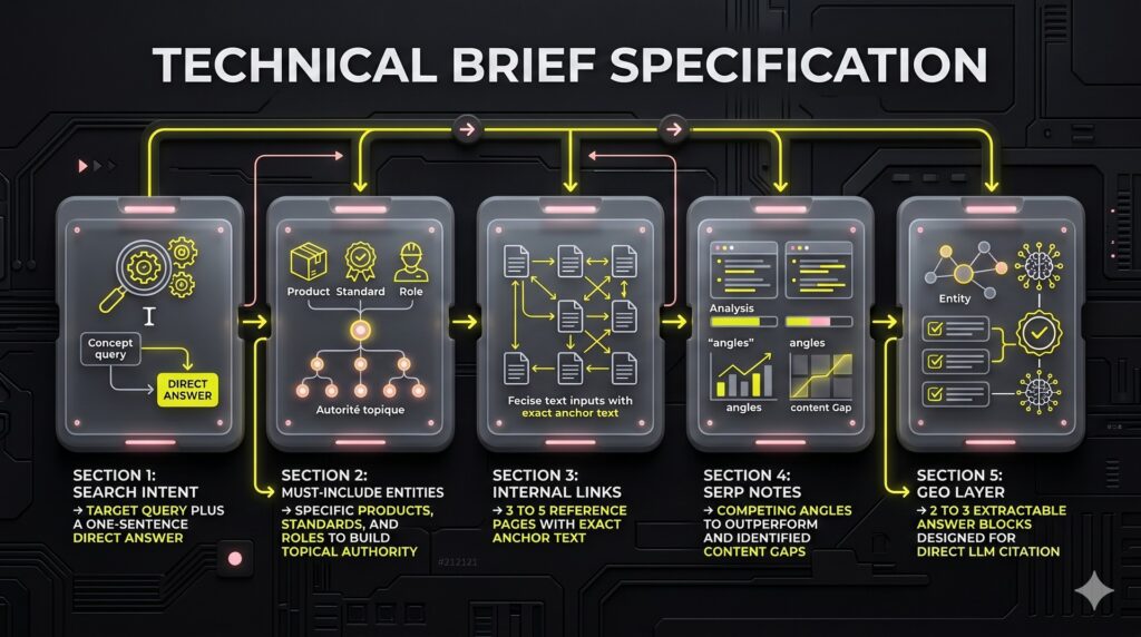 Detailed schematic blueprint infographic listing the five core sections of a technical content brief using minimalist glassmorphism layouts.
