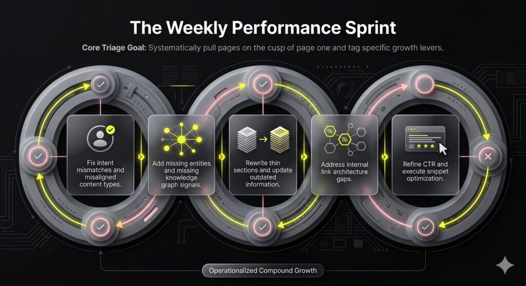 Cyclical framework loop infographic charting the optimization levers for a weekly content refresh engine.