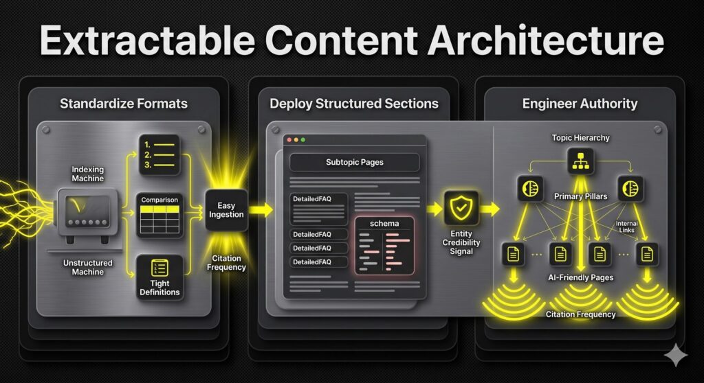 Multi-layered architectural stack infographic detailing formatting standardization, FAQ structured sections, and internal link engineering for AI extraction.